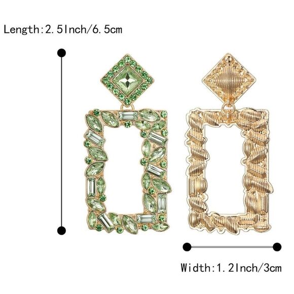 Yellow Gold with Peridot Green Crystal Geometric Open Rectangle Post Earrings - Picture 5 of 5